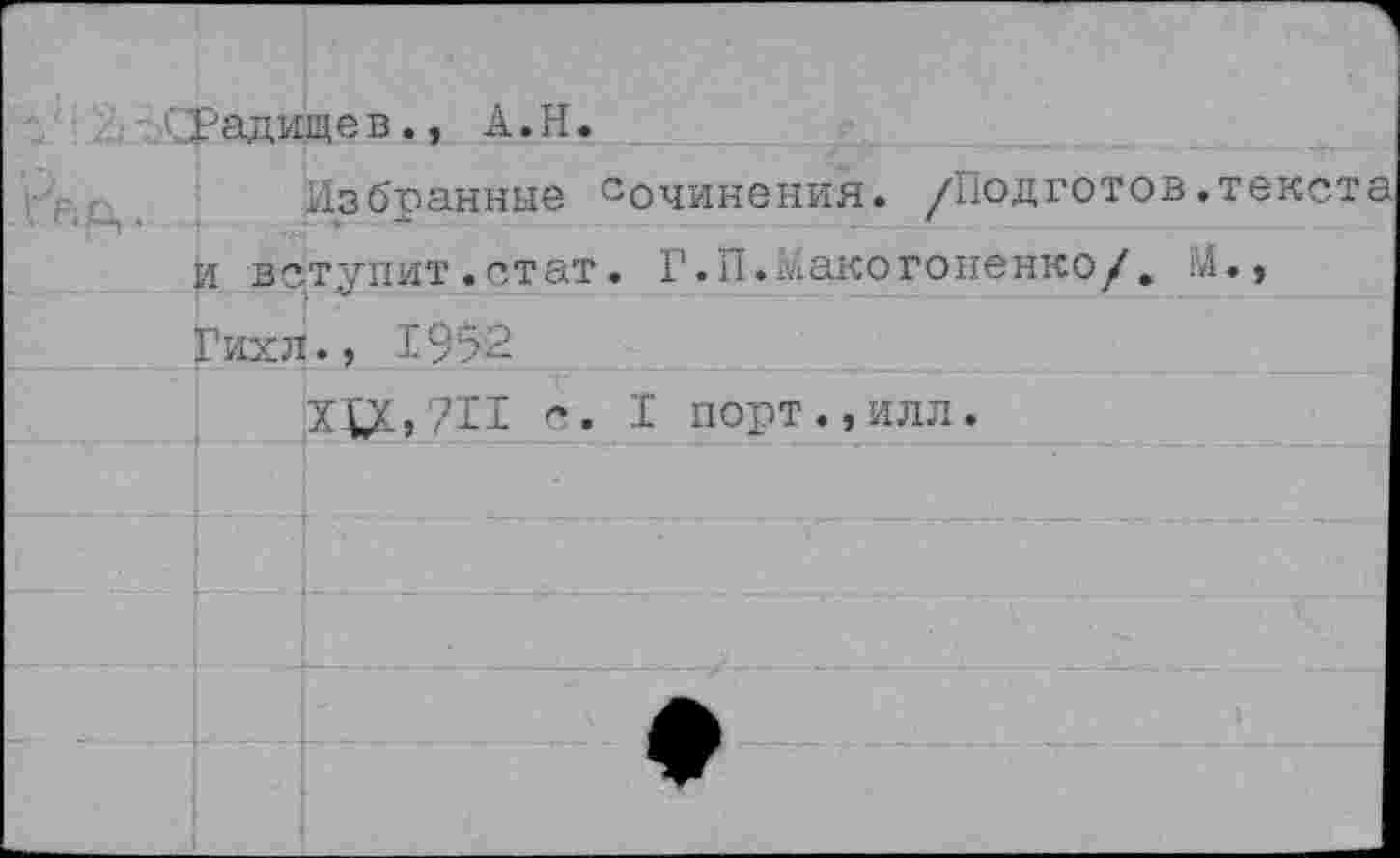 ﻿.’Радищев., А.И.
Избранные сочинения. /Подготов.текста и вступит .стат. Г.П.глакогоненко/. М», Гихл., Г9? -
Х(£,711 с. I порт.,илл.